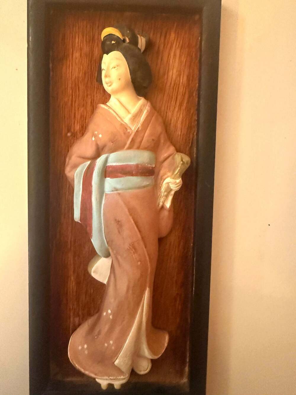 Vintage 1950s Japanese Geisha 3D Wall Plaque - Ceramic on Wood - Japan
